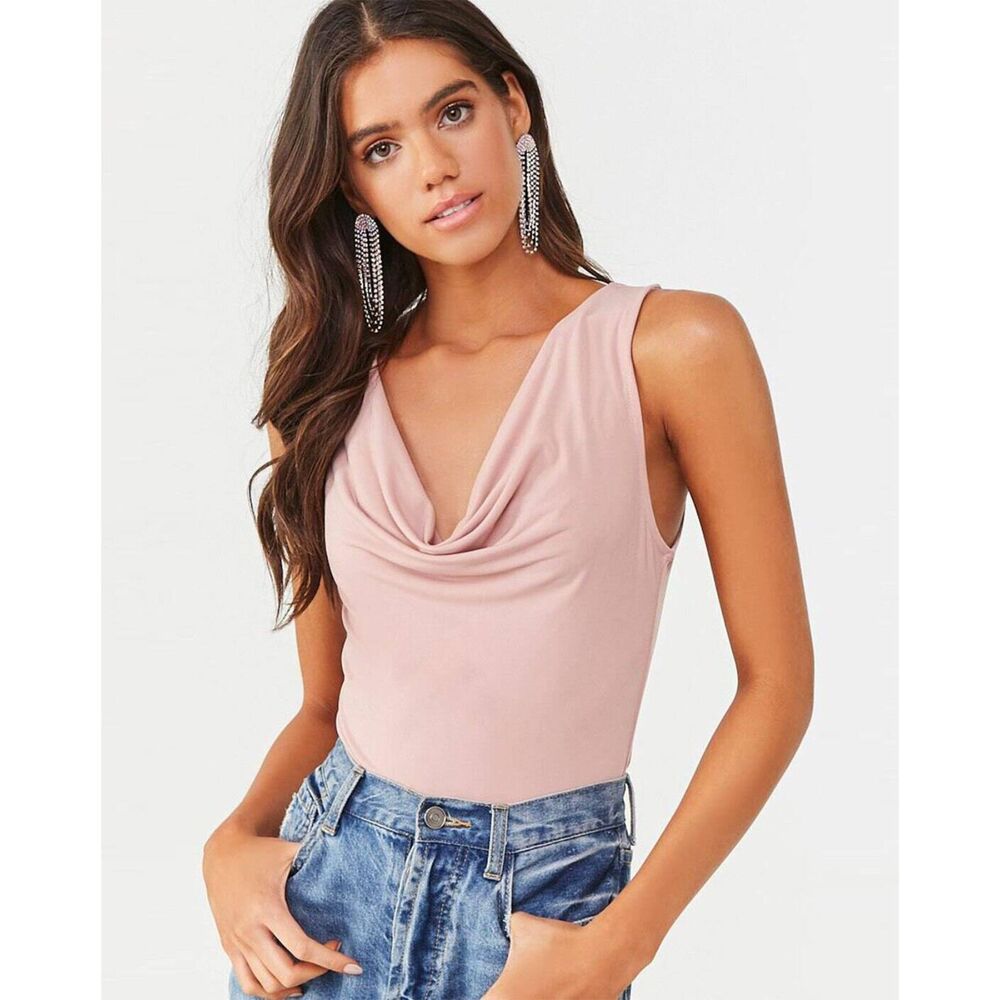 Forever 21 Women's Blush Pink Cowl Neck Sleeveless Bodysuit Size Medium